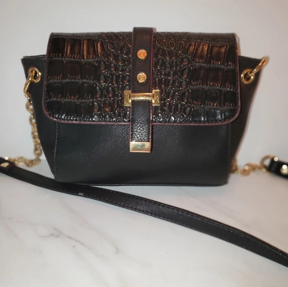 ANTONIO MELANI Black and Brown Croc-Embossed Crossbody Bag